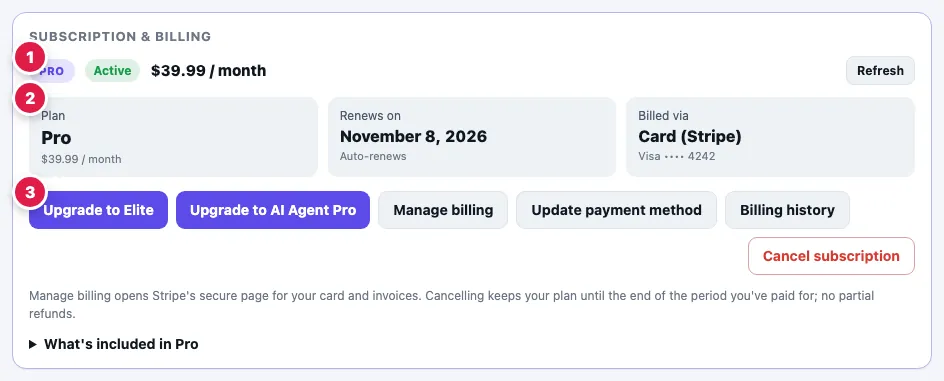 The Subscription & billing card with numbered parts