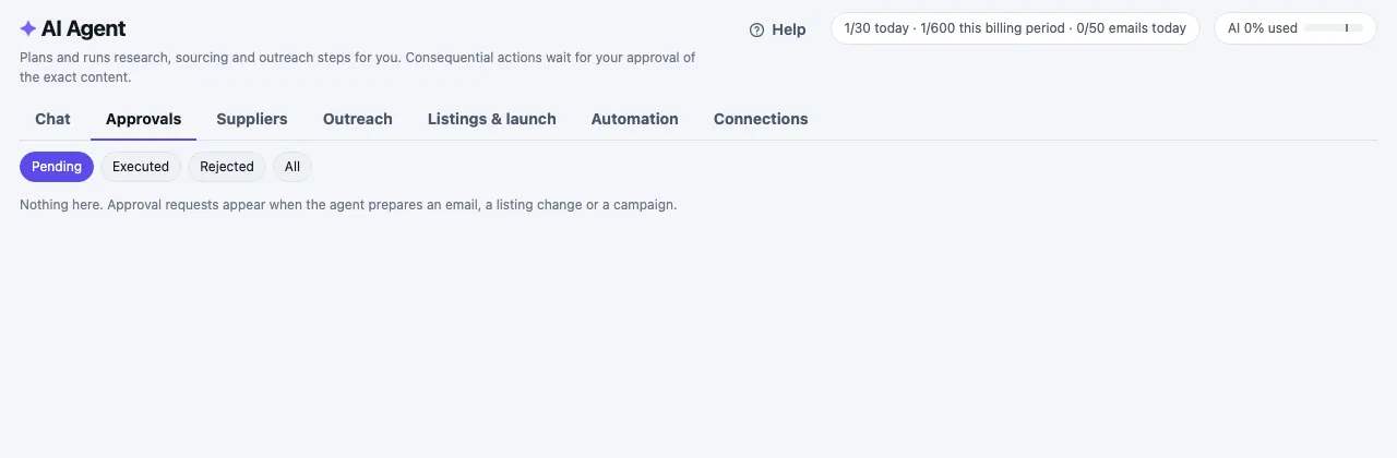 The Approvals tab with Pending, Executed, Rejected and All filters