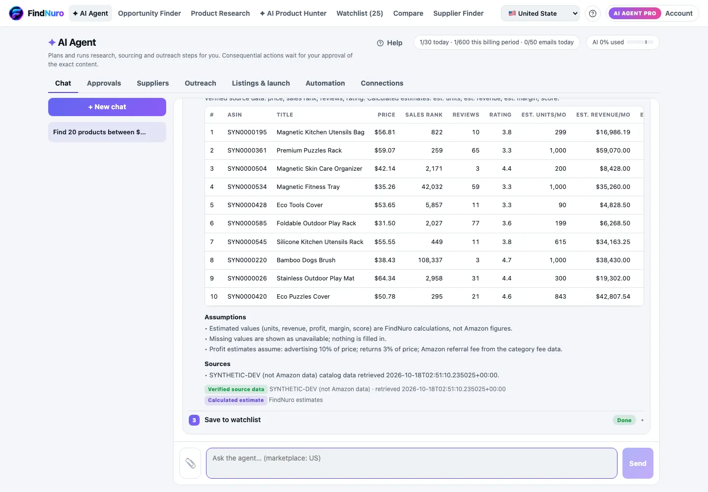 An AI Agent chat run with task statuses and result labels
