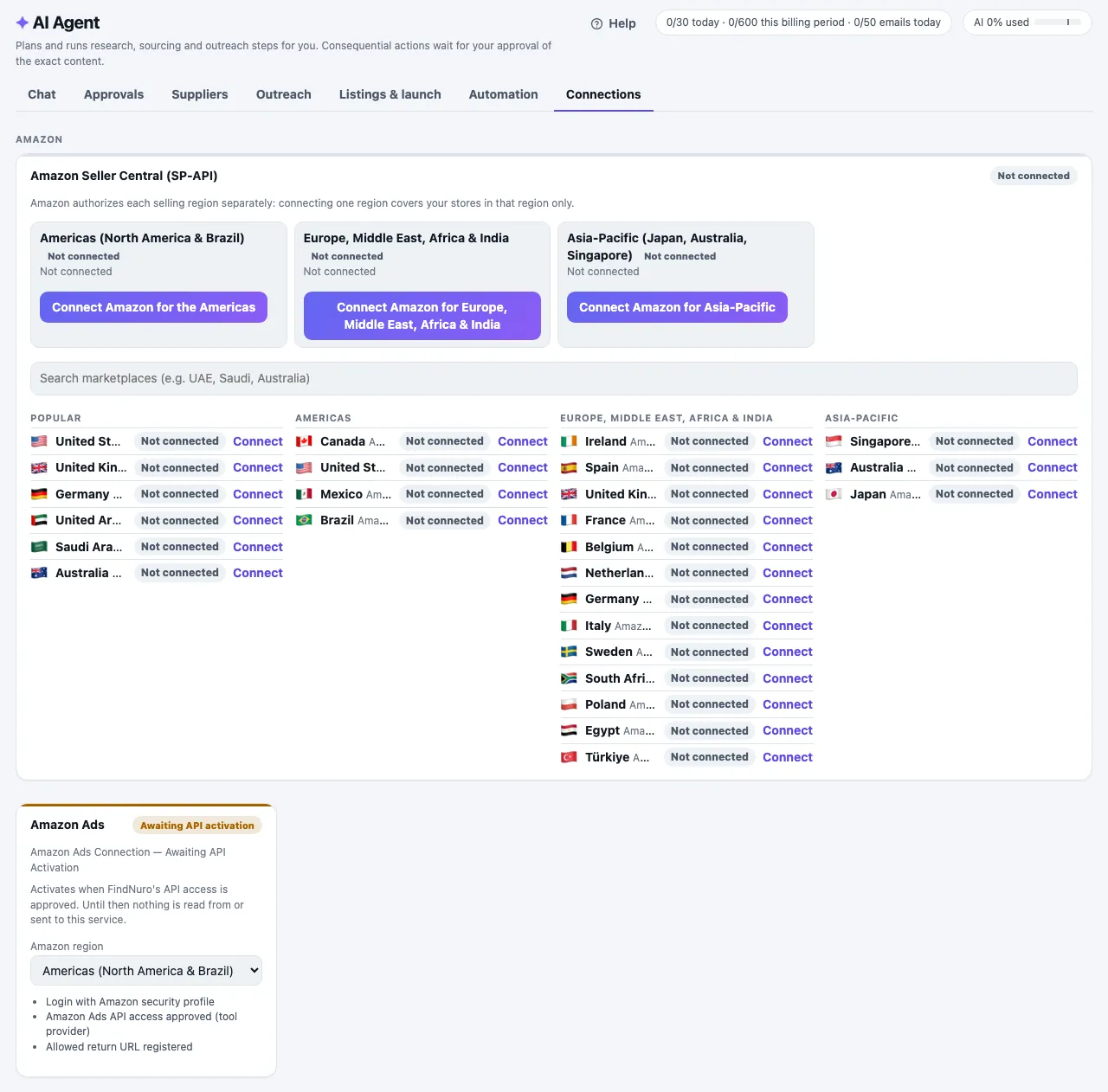 The Amazon Seller Central card on the AI Agent Connections tab with region buttons