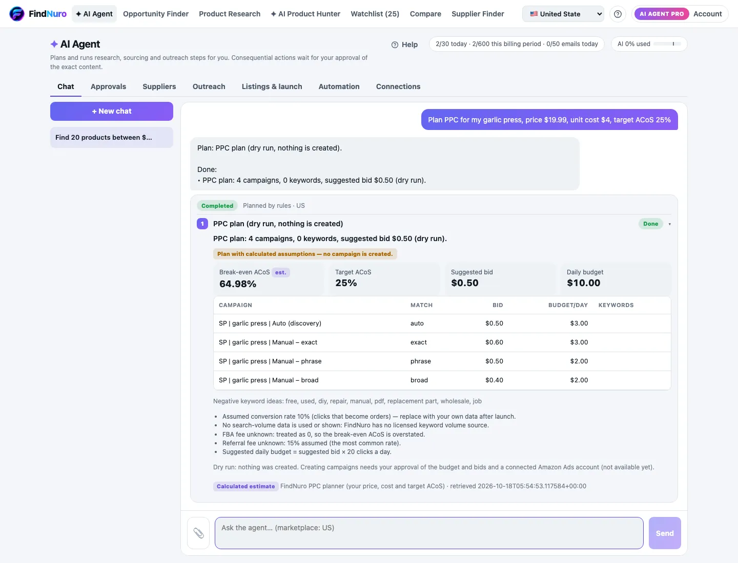 A PPC plan from the AI Agent with campaigns, bids and budgets