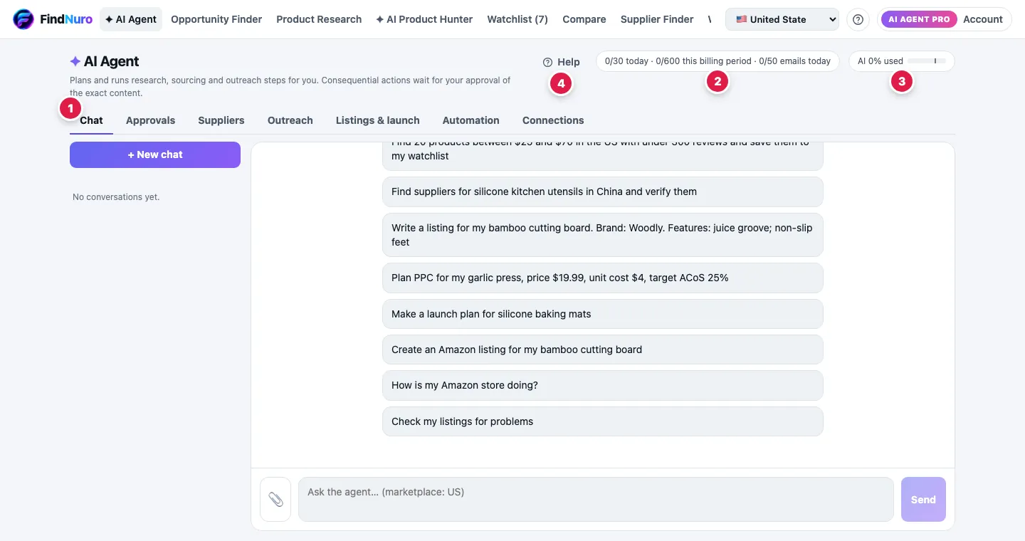 The AI Agent workspace with numbered sections