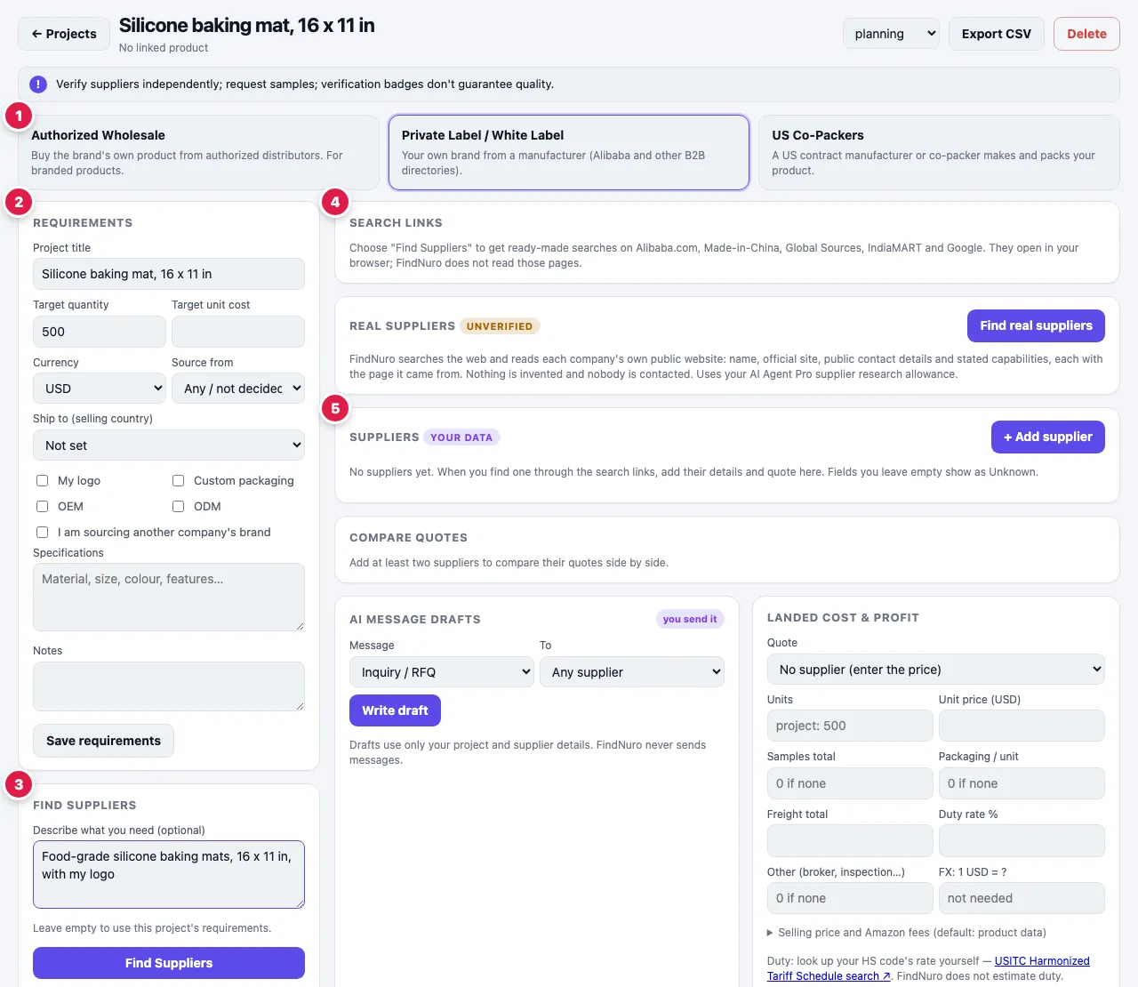 A Supplier Finder project with numbered steps