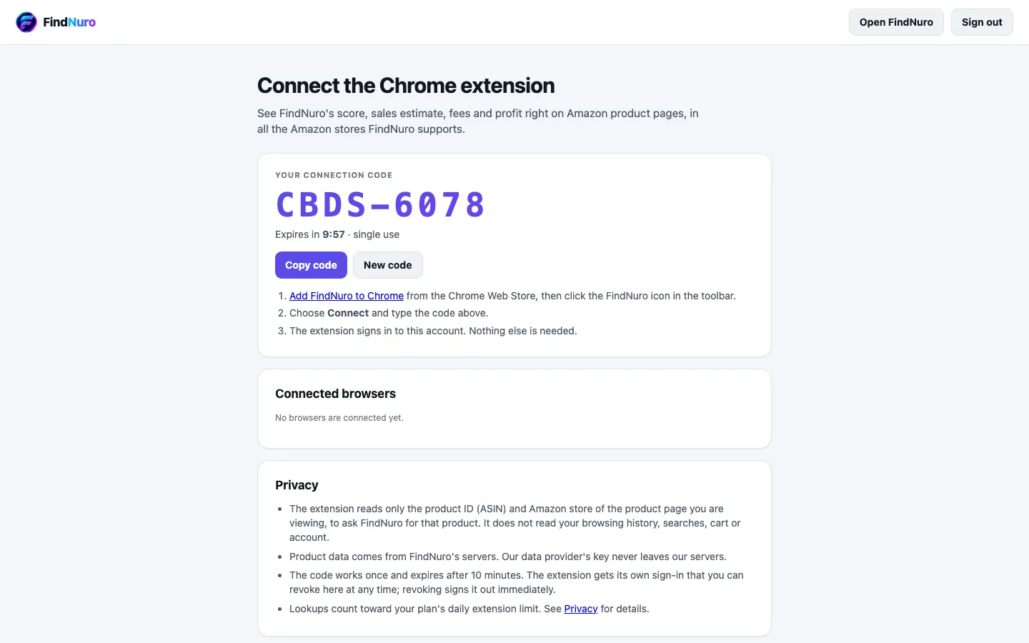 The Connect the Chrome extension page with a sample connection code