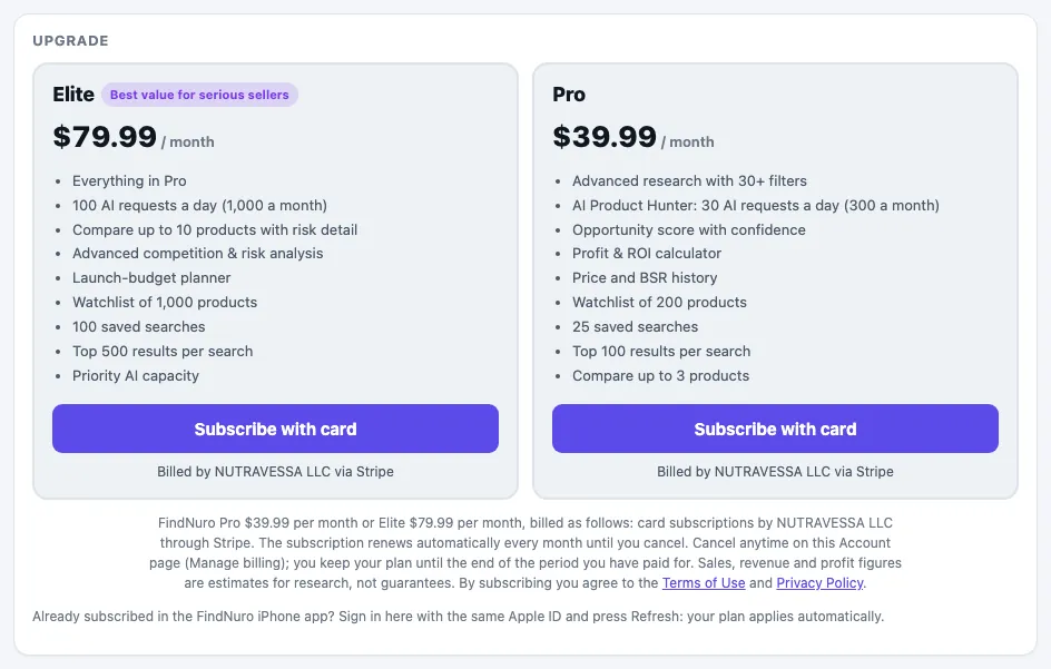 The Upgrade section on the Account page with the Pro and Elite plan cards