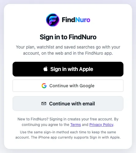 The FindNuro sign-in page with the Apple, Google and email options