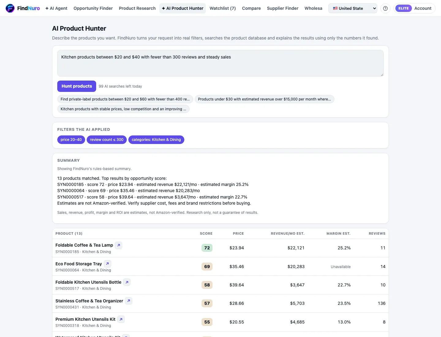 The AI Product Hunter with a sample request and results