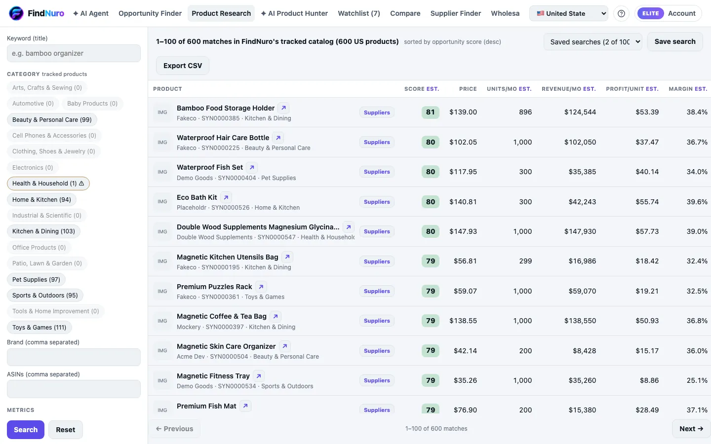 Product Research with the filter sidebar and the results table