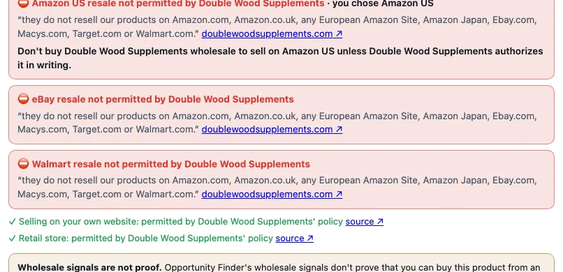 Red banners: Amazon US, eBay and Walmart resale not permitted by the brand, with the quote and source